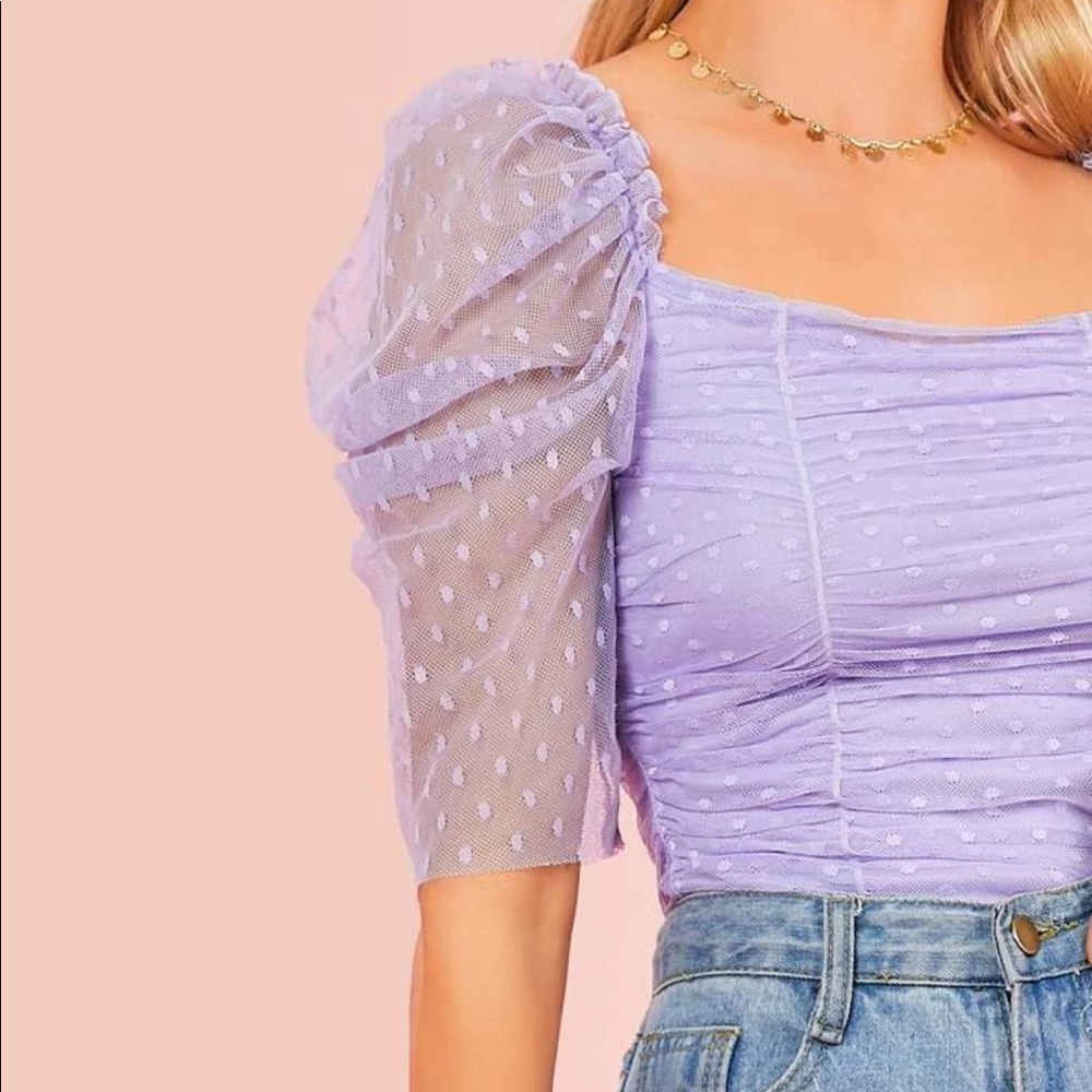 Lavender Ruched Mesh Boho Top - Picture 5 of 5